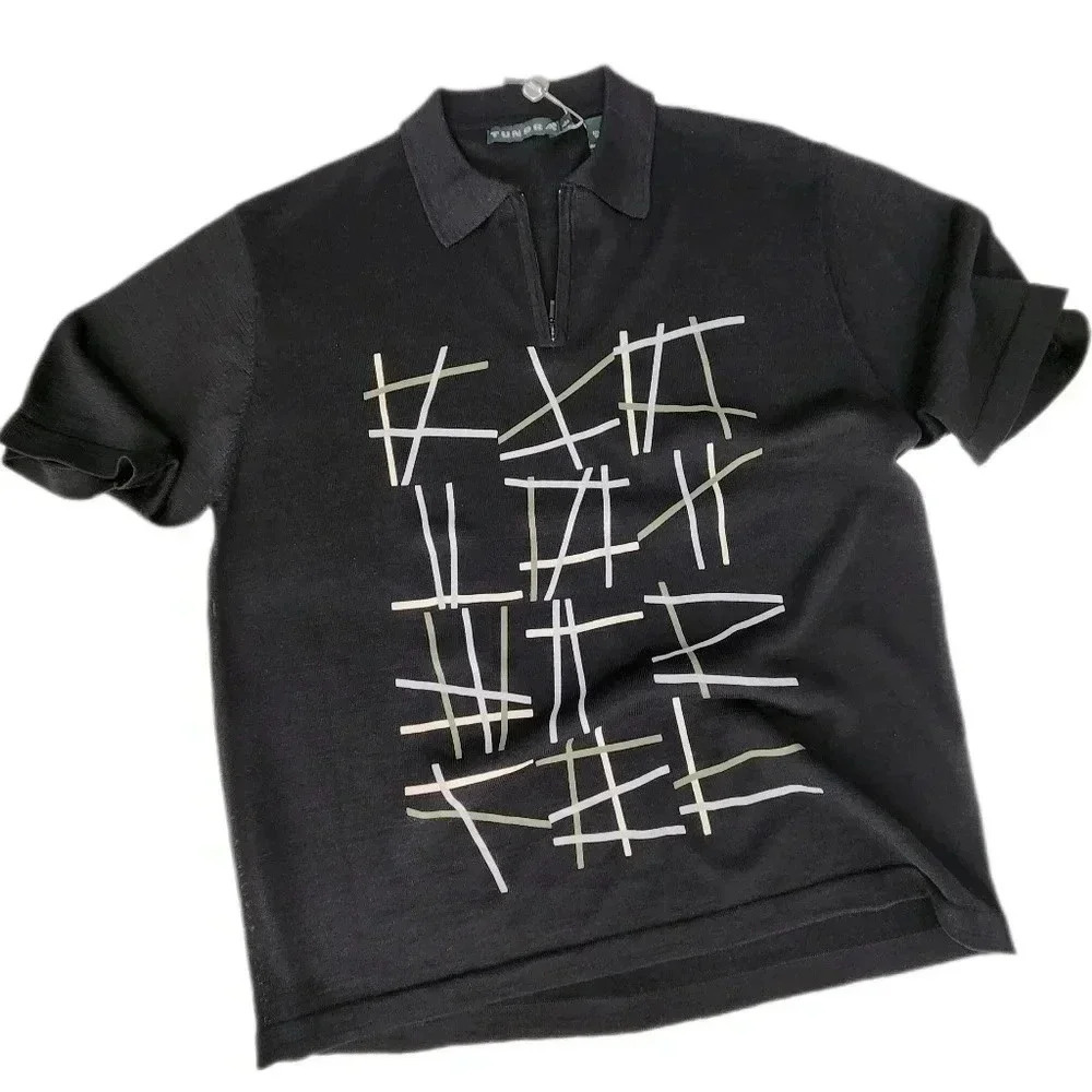 Vtg Tundra Canada 100% Silk Half Zip Sweater Black Geo Abstract, Men's Med - Picture 2 of 8